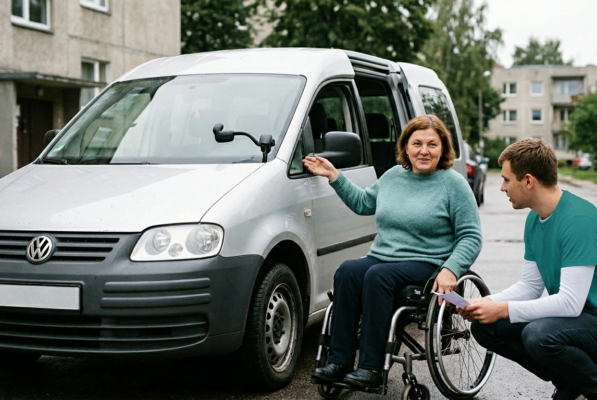 Neįgalus žmogus vėžymėlyje prie automobilio
